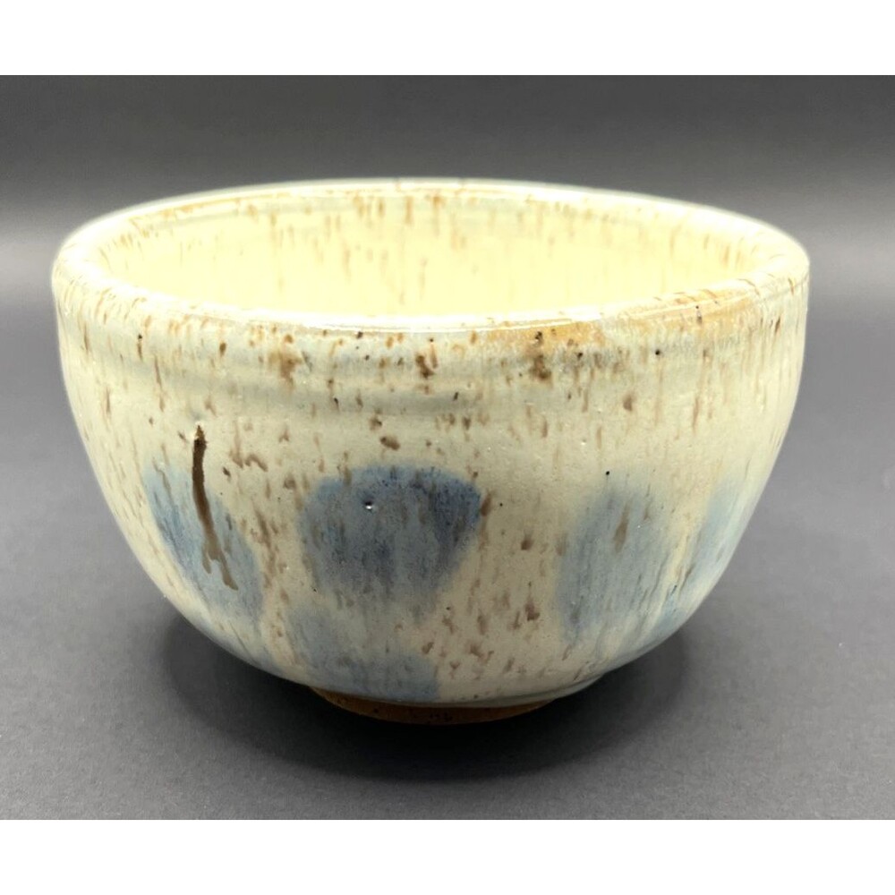 Handmade Studio Pottery Trinket Dish Bowl Signed SLR Blue Cream Speckled